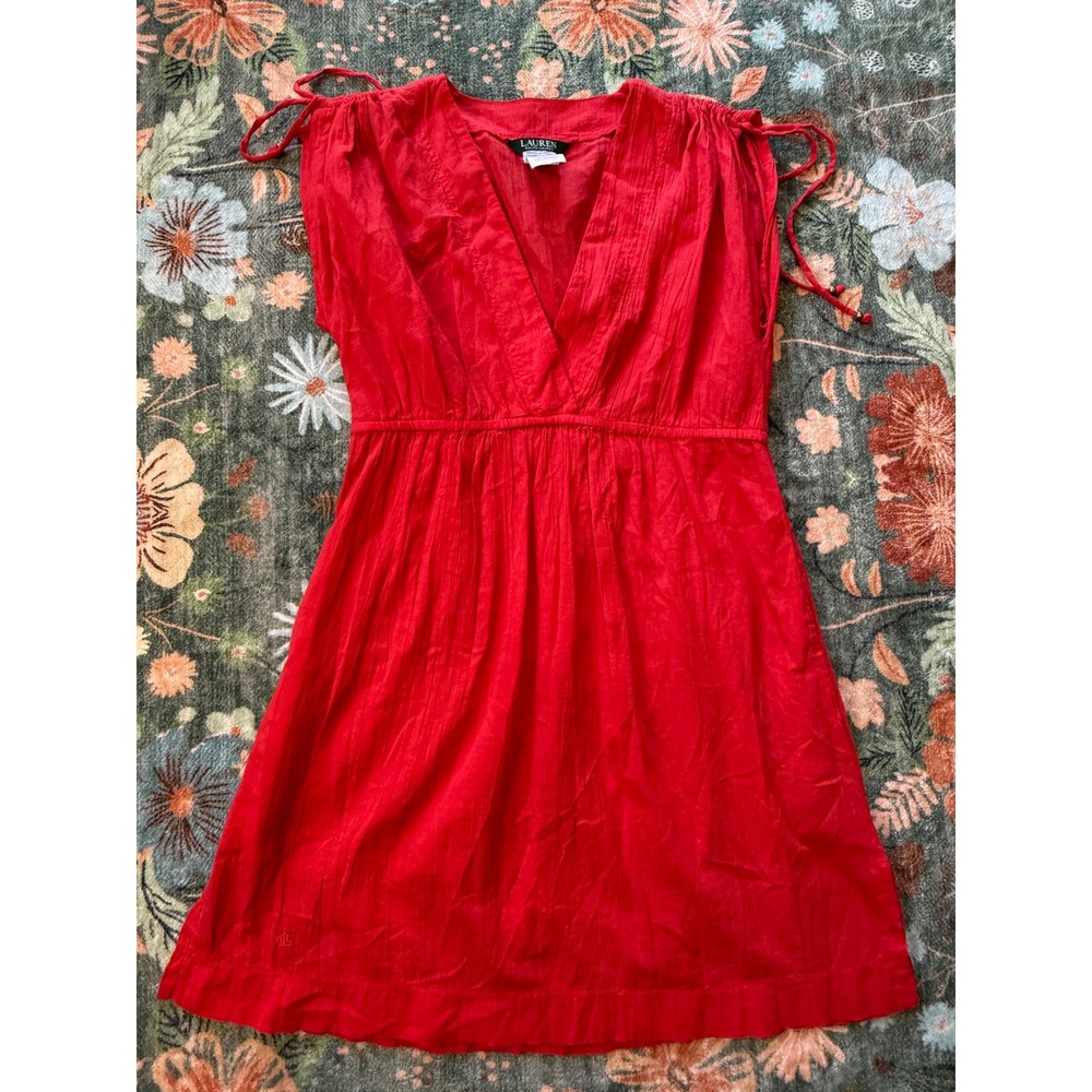 Lauren Ralph Lauren Red Cotton Gauze‎ V-Neck Empire Waist Dress Sz M Flirty